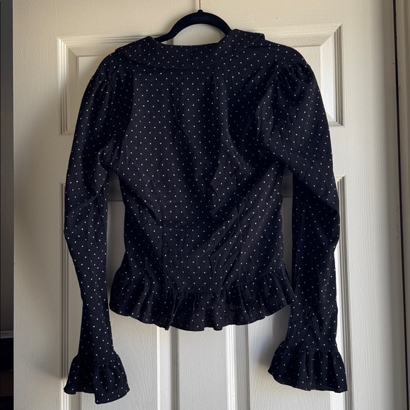 Maeve Black Polka Dot Ruched Peplum Blouse with Ruffle Cuffs - Picture 3 of 5